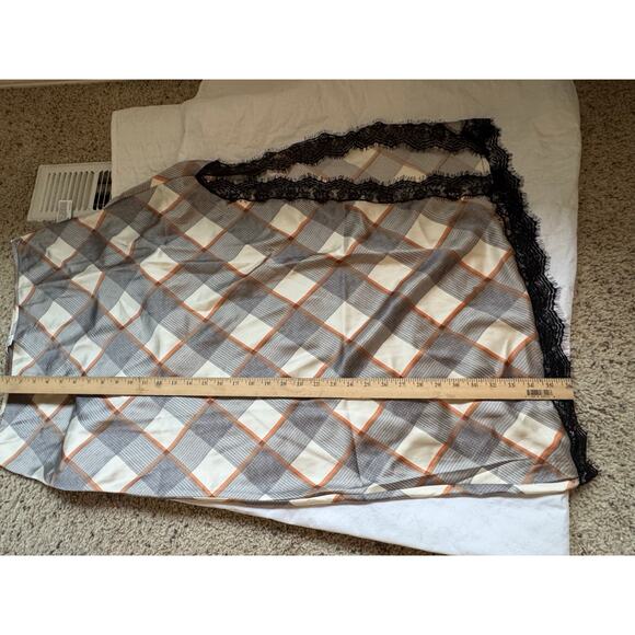 Chic Satin Camisole & Skirt Set – Plaid Print with Black Lace Trim – Elegant Lou - Picture 2 of 12